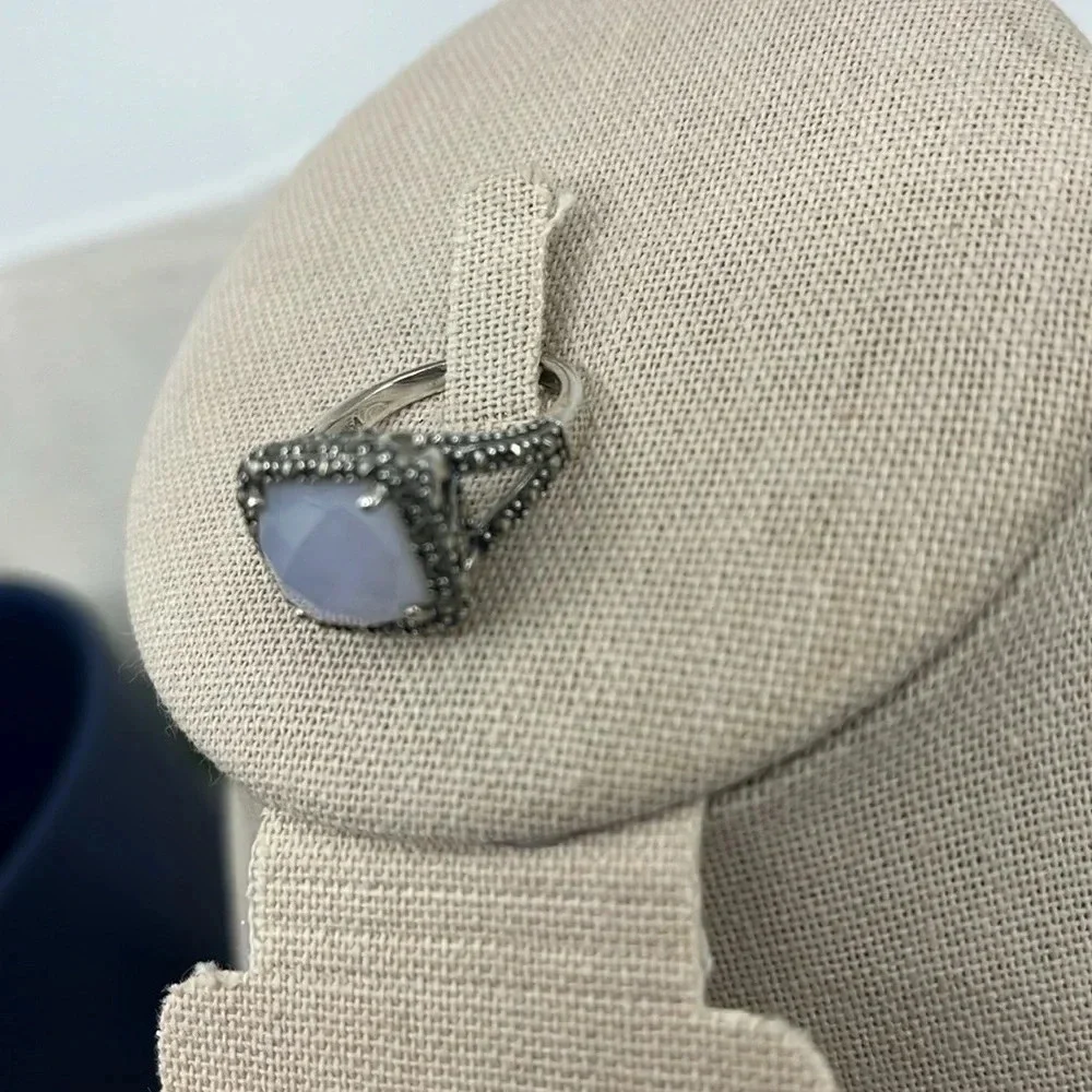 💎 Rare QVC Sterling Silver Gray Chalcedony & Marcasite Ring - Size 7 - Picture 7 of 17